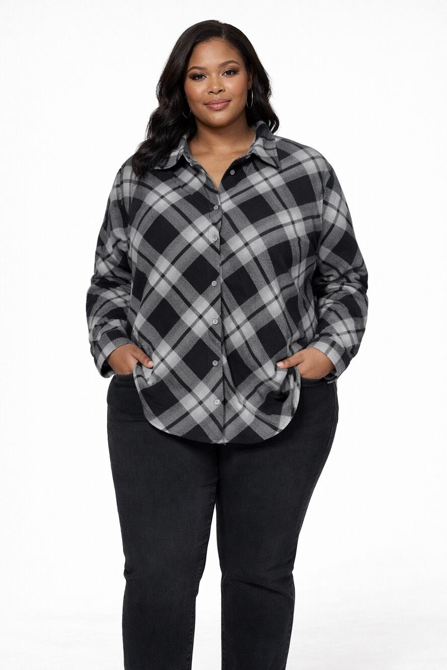 Talbots Woman Shirt 3X Black Gray Plaid Button Front Long Sleeve Plus Size